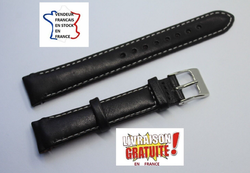 Bracelet Montre En Cuir Véritable Noir Surpiqué Blanc 16mm - Neuf - Unisexe