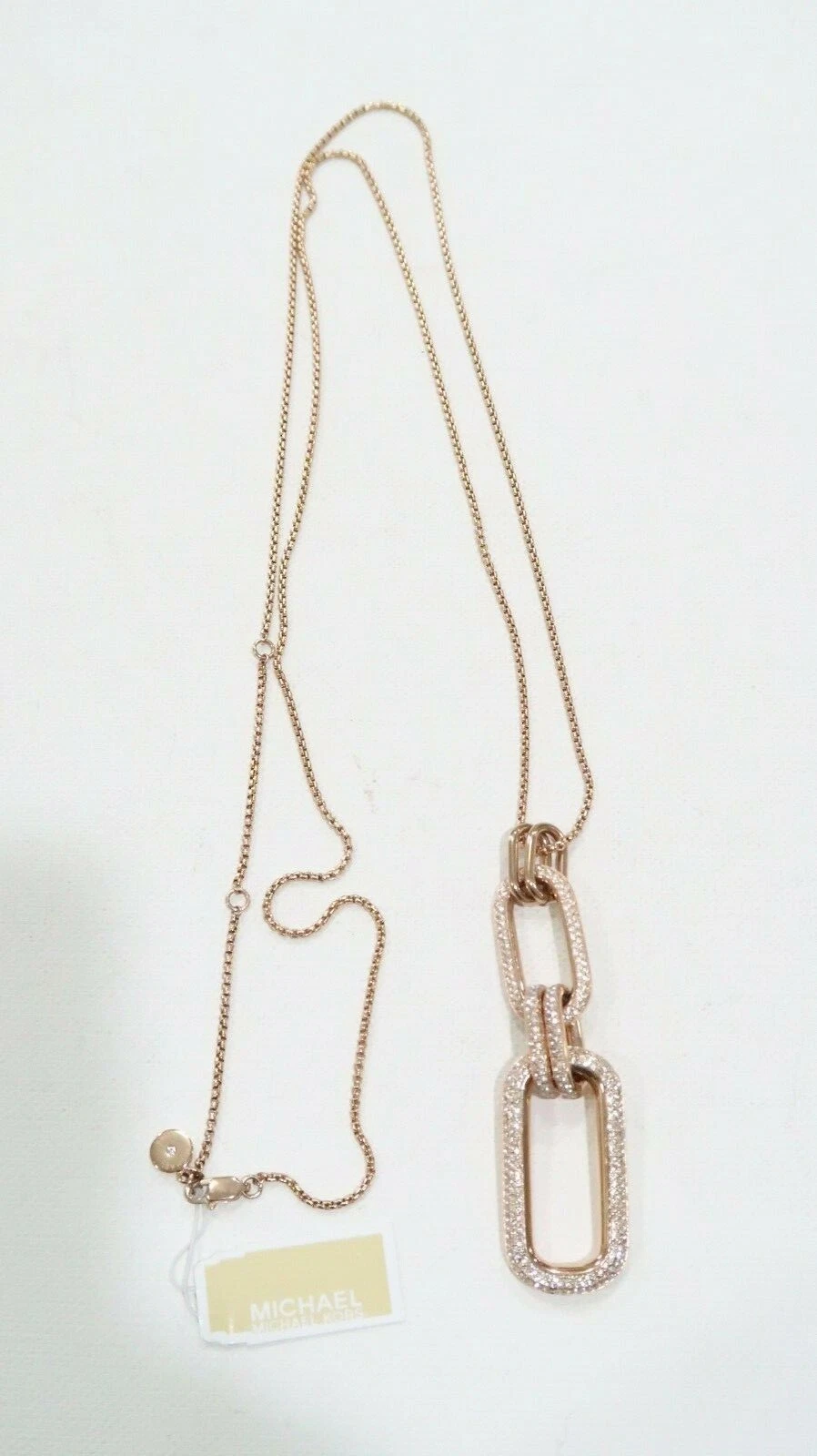 Collana Ciondolo Nuova con Etichette Michael Kors Maglie Lunghe Iconiche Oro Rosa con Pietre Pavimentate