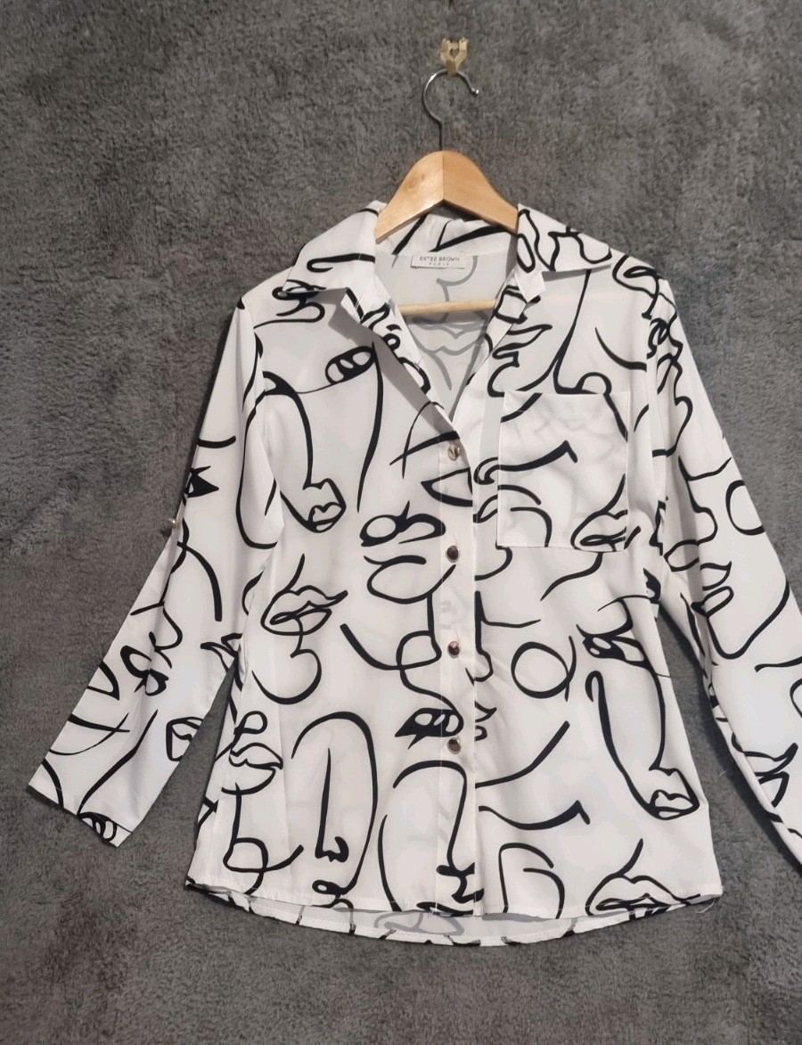 Estee Brown Paris Abstract Face Print Blouse Roll Sleeve Shirt Size M White image 9