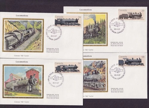 1985 Canada Locomotives Sc 1079-1082 FDC Colorano Silk cachets Train Set of 4