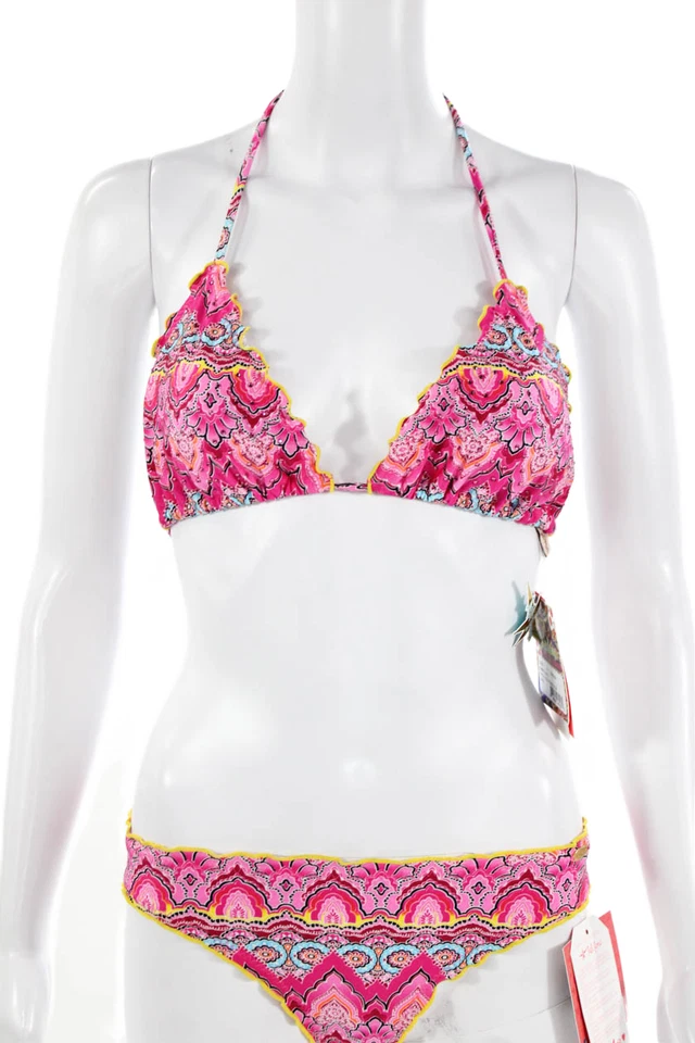 Traje de baño de dos piezas rosa con detalle de cristal abstracto Luli Fama para mujer talla L M Foto 2 de 4