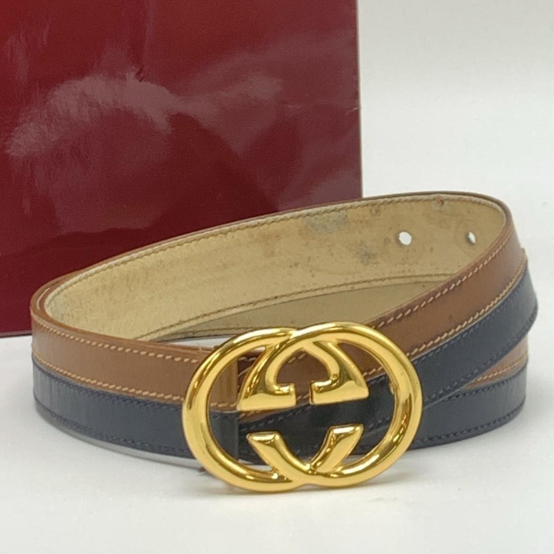 GUCCI Leather Belt with Gold Interlocking G Buckle and Hardware