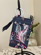 VERA BRADLEY ZIP ID CASE  LANYARD GRAY PINK FLORAL WALLET KEYCHAIN KEYRING