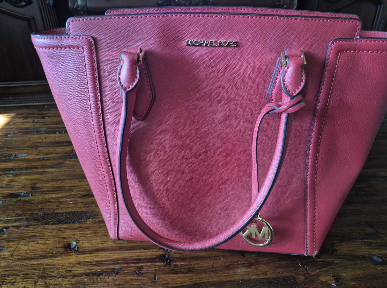 Michael Kors Red Tote Bag for Women with Logo Charm and Gold Hardware
