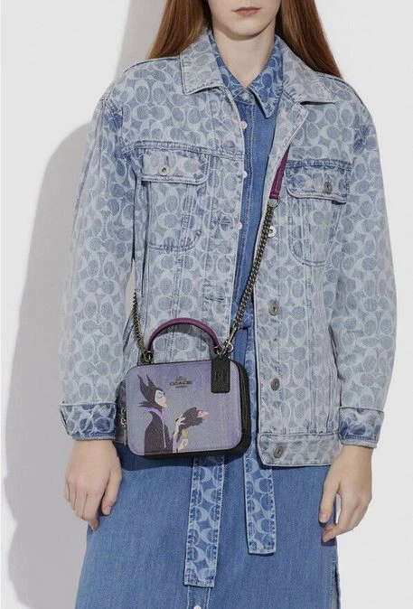Borsa a tracolla Coach x Disney Maleficent motivo villain nuova con etichette nera C376