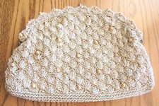 Vintage Beige Crochet Evening Bag w/ Beads Top Twist Close w/Handle Japan