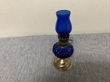 Vintage Miniature Ribbed Cobalt Blue Glass Oil Lamp Hong Kong