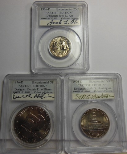 3 1976-D COINS, ARTIST EDITION. DOLLAR, HALF DOLLAR AND QUARTER VERY LOW NUMBER