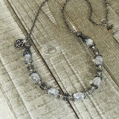 Art Deco Choker Faceted Glass Beads, Pewter Bead Caps, Fleur de Lis Charm