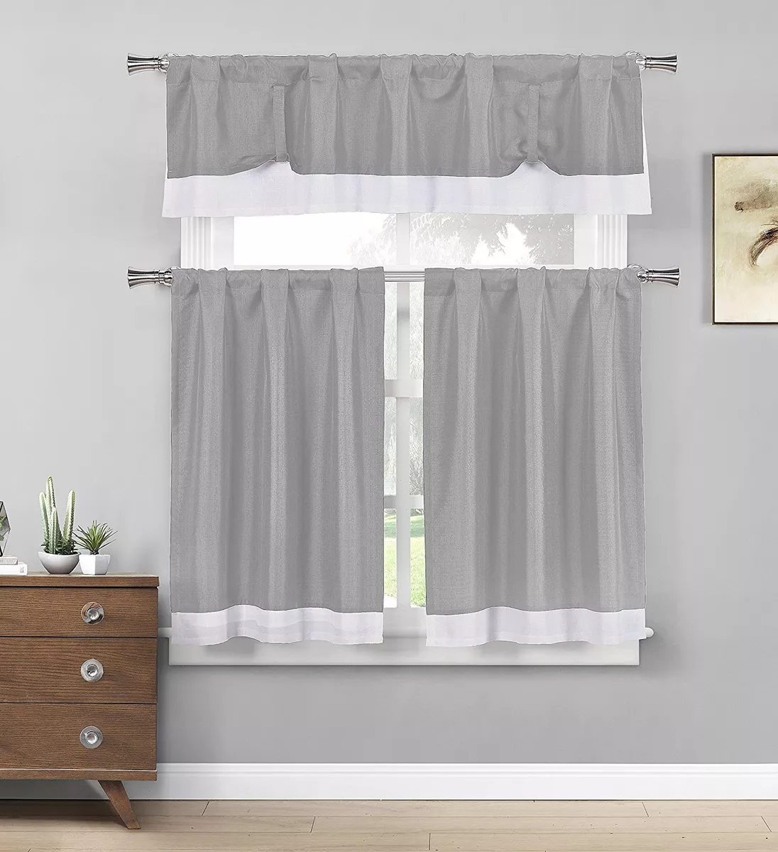 Grey Tie Up Solid Textured Design w White Border Kitchen Curtains