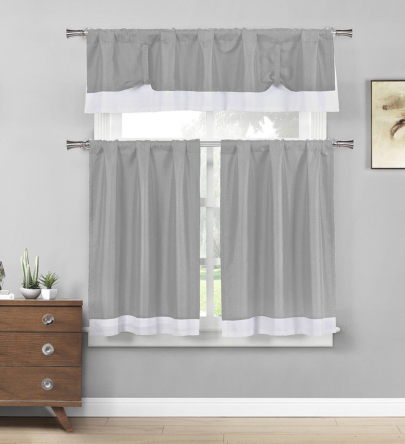 Grey Tie Up Solid Textured Design W White Border Kitchen Curtains