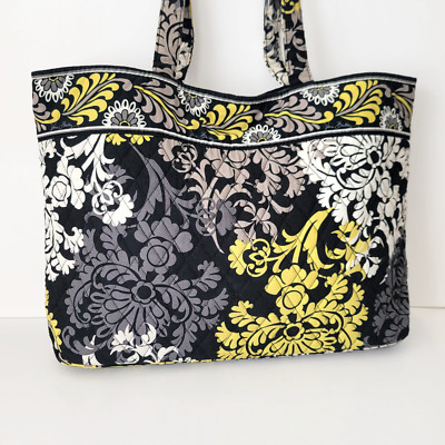 Vera Bradley Medium Tote Shoulder Bag Black n Yellow Baroque 16  W x 12  Ht