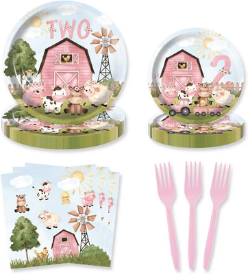80Pcs Pink Barn Farm Animals Two Birthday Party Plates Cow Second Farmhouse 2Nd 