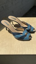 Vintage VTG 90s Roberto Cavalli Blue Embossed Leather Kitten Heel Mules Sandals