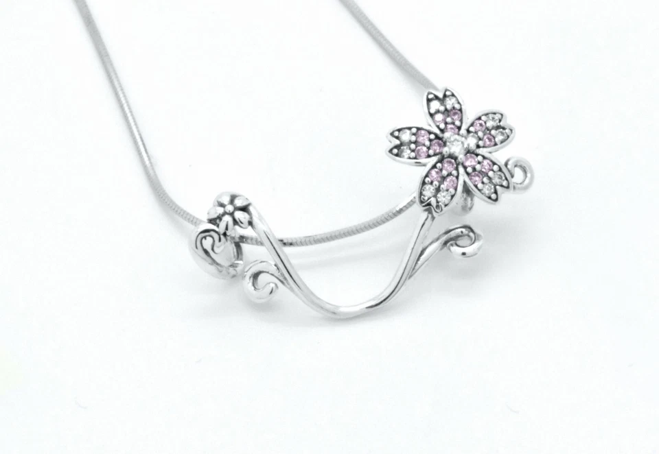 925 Sterling Silver Pink Sapphire Floral Flower Bridal Slider Pendant Necklace - Image 2 of 3