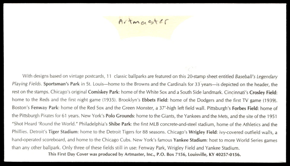 2001 Fenway Park FDC Baseball's Legendary Playing Fields Artmaster Cachet - Image 2 of 2