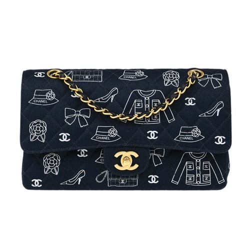Chanel Navy Canvas Medium Classic Double Flap Shoulder Bag 153365