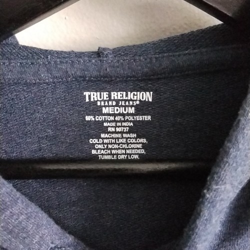 True Religion Brand Jeans Size Medium Blue and Gold Lettered Hooded Sweatshirt - Picture 6 of 7
