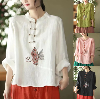 Chinese Retro Ethnic Women Embroidery Cotton Linen T-shirts Casual Tops Blouse