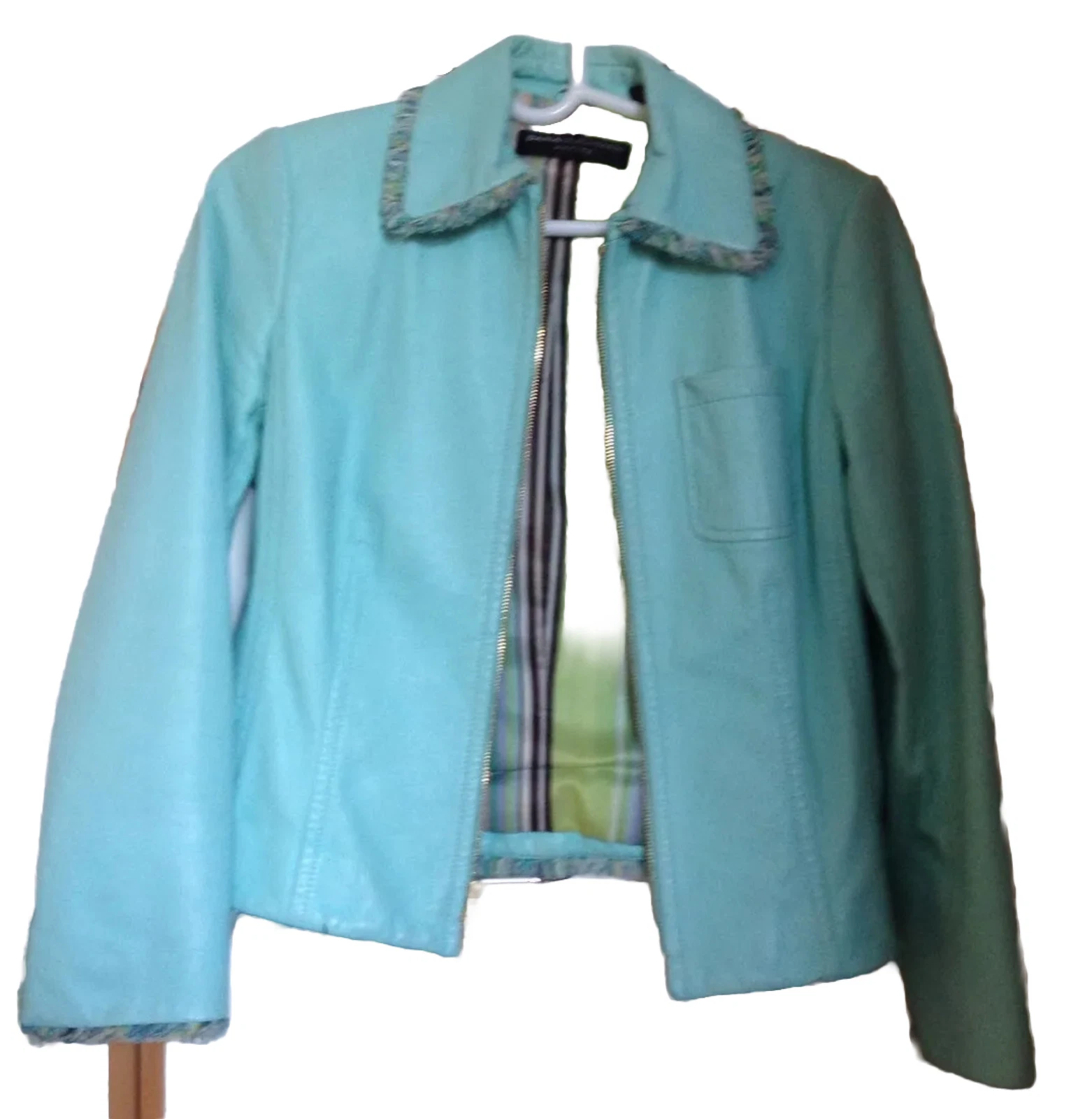 CHANEL Giacca con cerniera Dana Buchman blu acqua 895 $ in pelle morbida taglia 2p