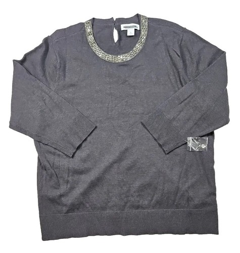 Liz Claiborne Women's Gray 3/4 Sleeve Sweater with Jeweled Neckline Size XL - Picture 2 of 10