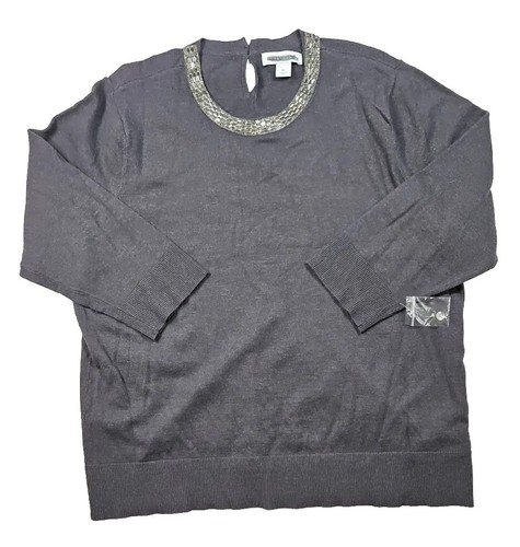 Pull femme à manches 3/4 gris Liz Claiborne avec col à bijoux taille XL - NEUF AVEC ÉTIQUETTE - Photo 1/9