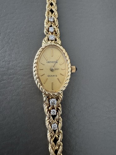 Vintage Geneve Watch 14K Gold Ladies Oval Wristwatch Rope Bracelet w 6 Diamonds