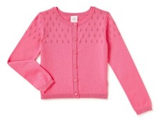 Girl's Rose Pink Pointelle Cardigan Button-Up Crew Neck Soft Dainty Sweater