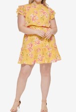 Vince Camuto Plus Size Floral-Print Flutter-Sleeve Dress, Yellow, 18W, MSRP $168