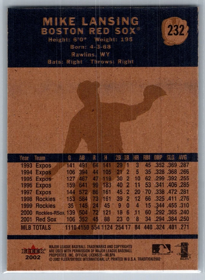 2002 FLEER TRADITION BASEBALL 232 MIKE LANSING RED SOX  - Image 2 of 2