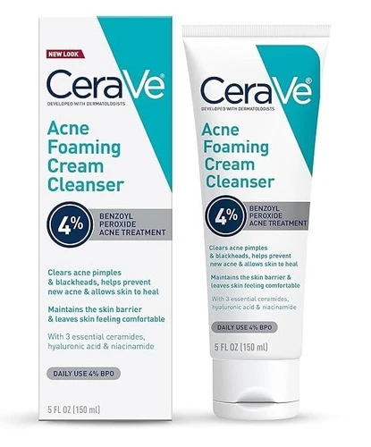 CeraVe Acne Foaming Cream Cleanser 4% Benzoyl Peroxide + Niacinamide, 5 oz