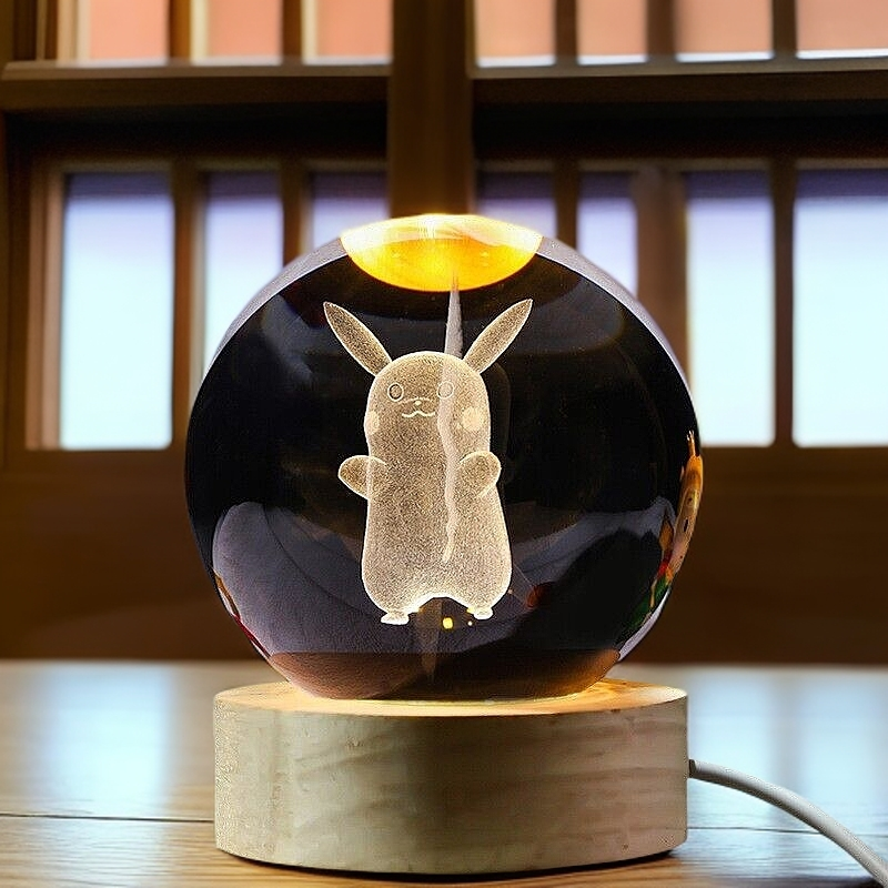 3D Carved Pikachu Crystal Ball Night Light with Wooden Base Kids Gift Healing Decor