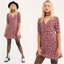 Free People Provence Floral Rust Red Mini Dress Sz Small Boho Festival Coquette