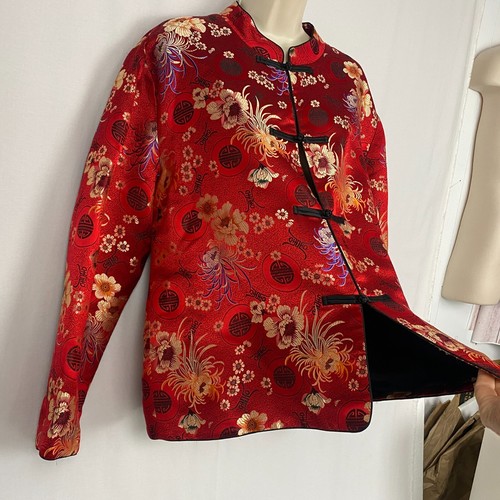 Chicos 3 Silk Jacket Red Asian Floral Frog Closure Mandarin Collar Artsy XL 1X - Picture 3 of 12
