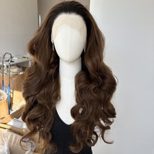 Long Wavy 13x4 Frontal Lace Wigs Beginner Friendly Synthetic Hair Ombre Brown