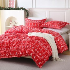 Red Christmas Duvet Cover Set Queen Size, 3 Piece Snowflakes Reindeer Snowfla...