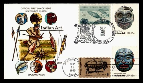 DR WHO 1980 FDC INDIAN ART MASK COLLINS HAND COLORED CACHET COMBO M75635
