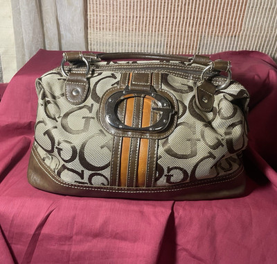 GUESS Beige Brown Logo Satchel Top Handle Zip Closure Silver Hardware Lined