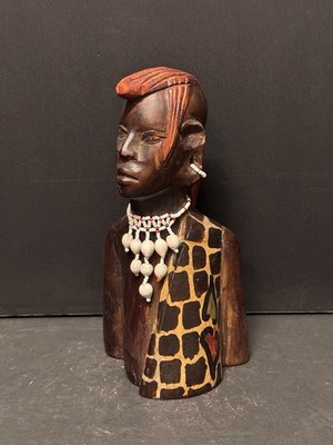 Vtg Hand Carved African Folk Art Wood Sculpture Bust Maasai Man Warrior