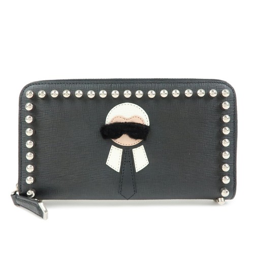 FENDI Leather Studs Zippy Long Wallet Black 8M0299 Authentic Used F/S