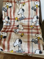 Berkshire Soft Beige Plaid Snoopy and Woodstock Fleece Blanket COZY SOFT