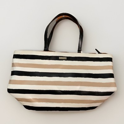 Kate Spade Grant Street Striped White Black Tan Grainy Vinyl Julis Tote Bag