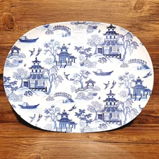 Shabby Chic Melamine Asian Blue Willow Oval Serving Platter 16" NEW