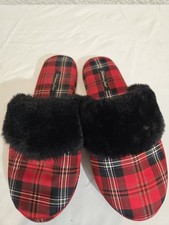 Victoria's Secret Signature Satin Slippers Red/Black Plaid Womens Size M