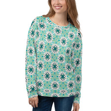 Green Geometric Crewneck Sweatshirt Women's Cozy Fleece Modern Pattern Top