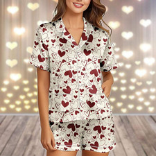 Valentine Day Hearts Satin Pajamas Set, Retro Valentine Women Pajamas