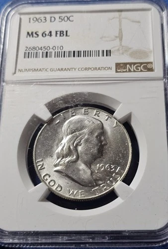 A 1963 D 50c Franklin Silver Half Dollar NGC MS64 FBL
