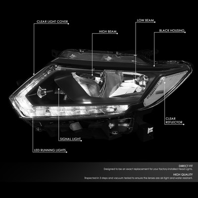 Pair Of Headlight Assemblies For 2014-2016 Nissan Rogue - Halogen DRL, Left & Right Complete Set