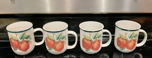 Casuals by China Pearl Apples Apple Blossom Coffee Tea Mugs Cups Set of 4