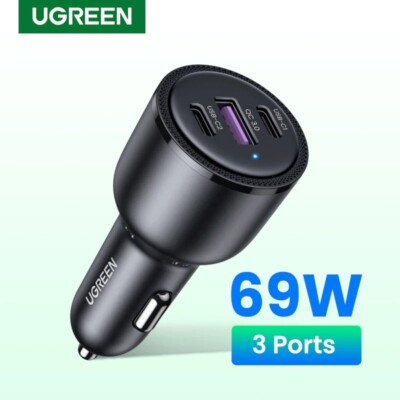 UGREEN 69W Car Charger USB Type C PD QC 4.0 3.0 Fast Charger For iPhone Laptop
